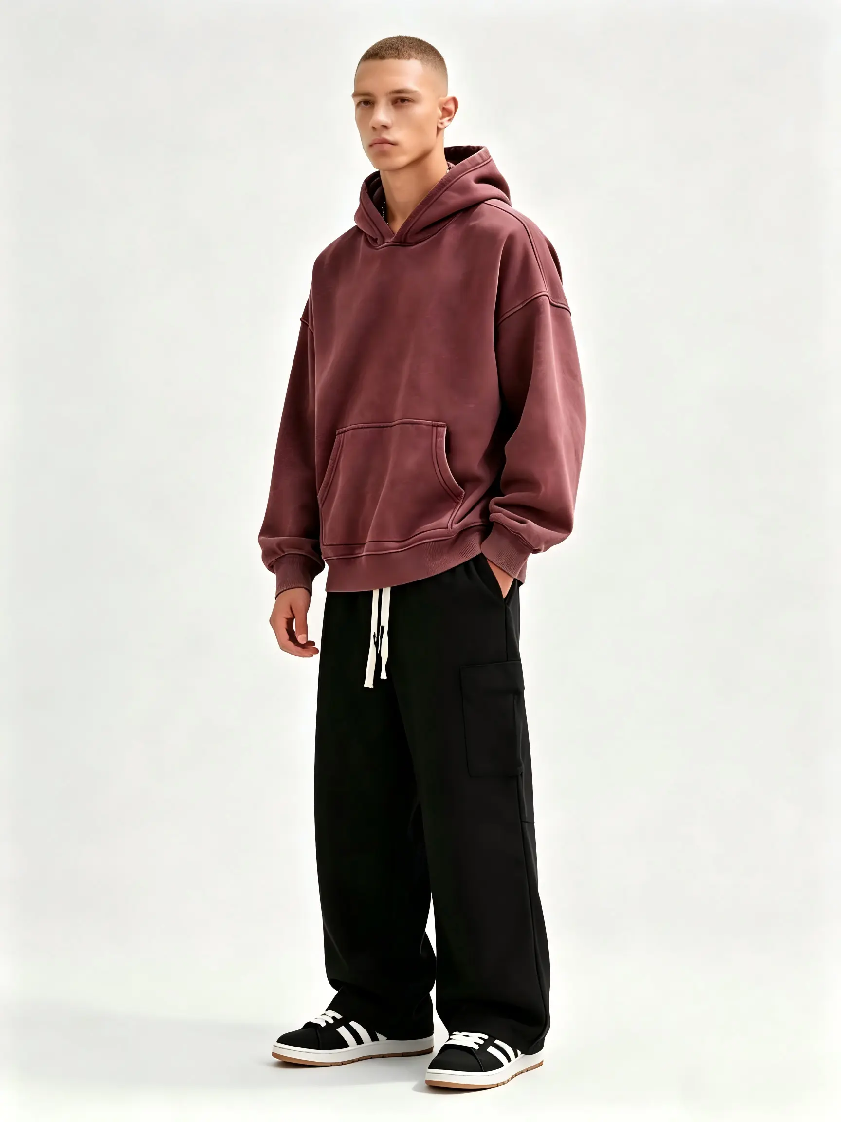 Men's Burgundy Cotton Hoodie & Cropped Sweatpants Set – 2026 Spring New Retro Washed Street Style. Classic street, jazz & punk vibes, high-quality athletic set. Perfect for casual sports, outdoor streetwear, New Year gifts & couple outfits.
