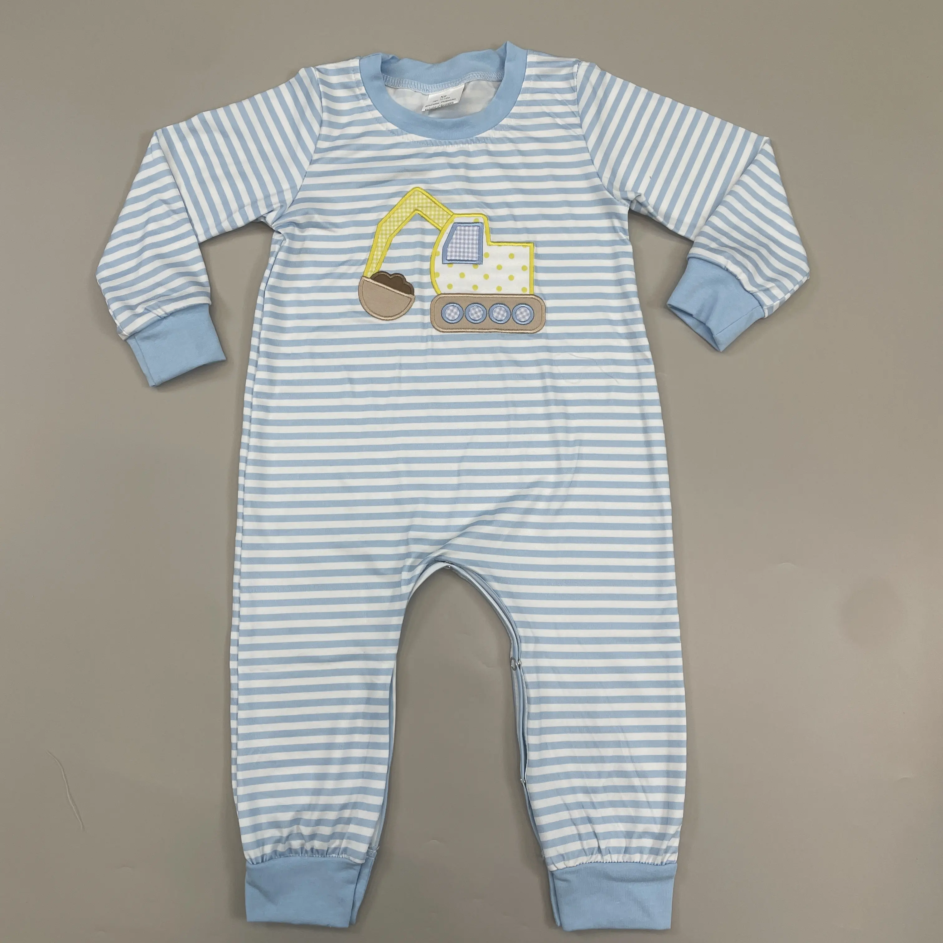 Newborn Boy Outfits, Baby Boy Excavator Embroidery Stripe Bodysuit, Soft 1-Piece Baby Clothing for Newborns