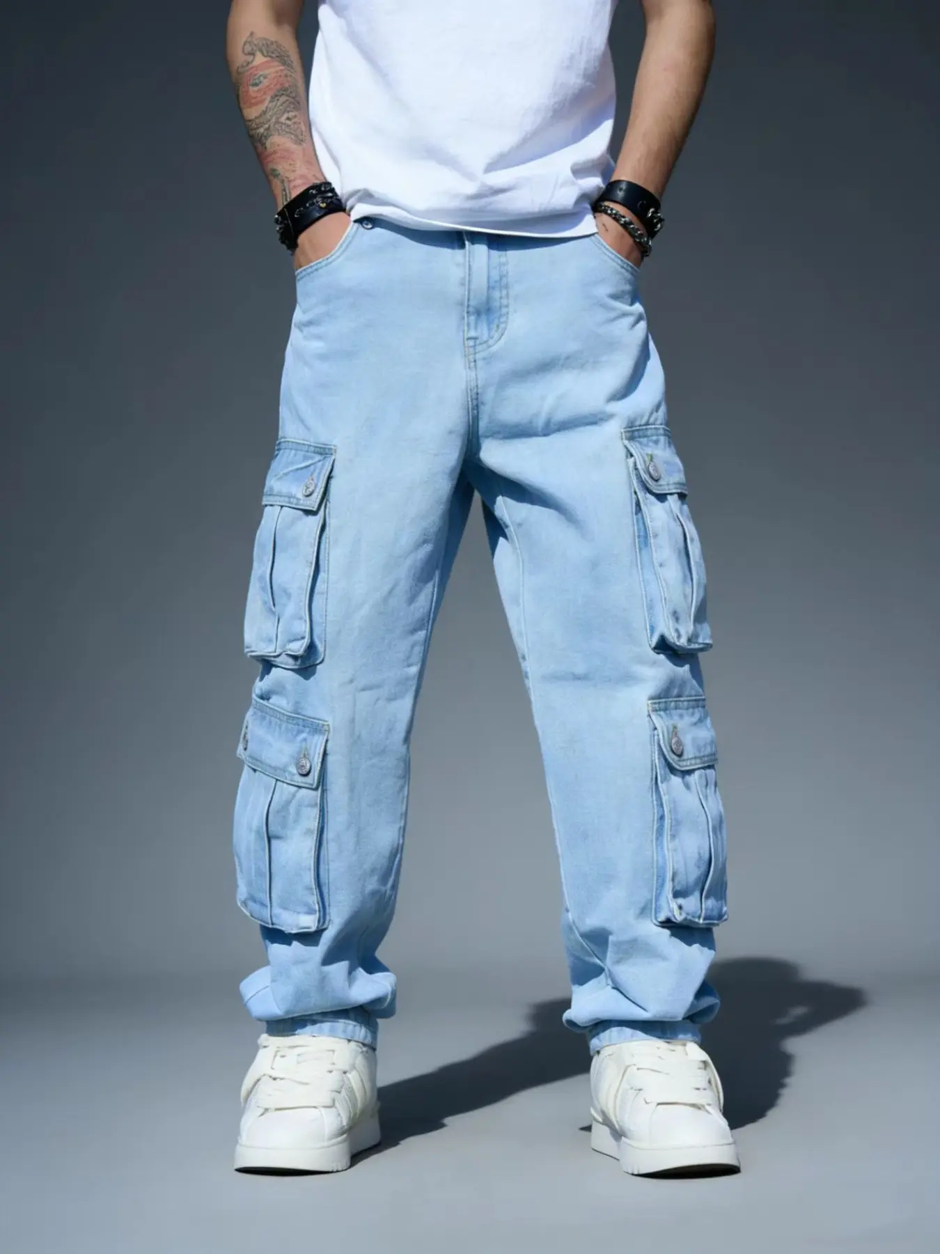 Men's Korean Style Casual Streetwear Medium Wash Wide-Leg Denim Jeans with Side Pockets, Fashionable Loose-Fit Straight-Leg Trousers for Everyday Wear Denim Pants