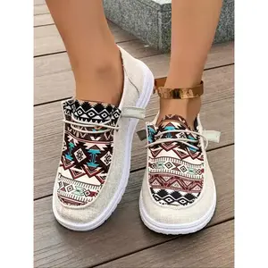 2026 NEW Women's Ethnic Pattern Canvas Shoes, Fashion Flat Sneakers, Comfortable Low-Top Outdoor Sports Shoes, Trendy Casual Walking Shoes, Slip On LightweightGift(GIFT)
