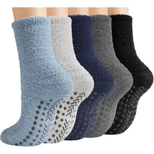 Fuzzy Socks Men with Grips 5 Pairs Winter Fluffy Slipper Socks Non Slip Cozy Warm Thick Socks