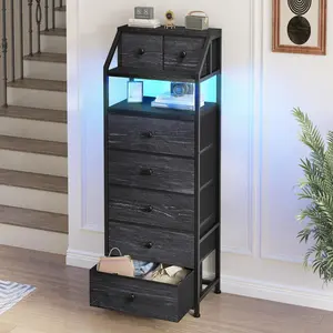 Raybee 51.2" Tall Dresser with LED, Aesthetic Modern Bedside Table, 7 Drawers with Open Wood Shelf & Fabric Bins, Stylish Space-Saving Design for Small Apartments, Sleek Home Decor for Bedroom, Living Room, Hallway, Entryway & Closet Organization
