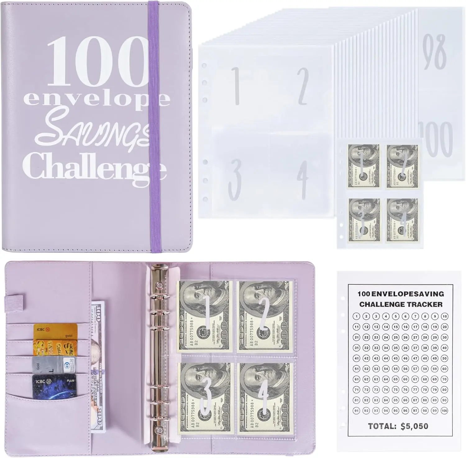 Purple A5 Money Saving Binder with 100 Envelopes, Savings Challenge Planner, Finance Checklist Organizer for Budgeting, Managing Finances, Tracking Savings