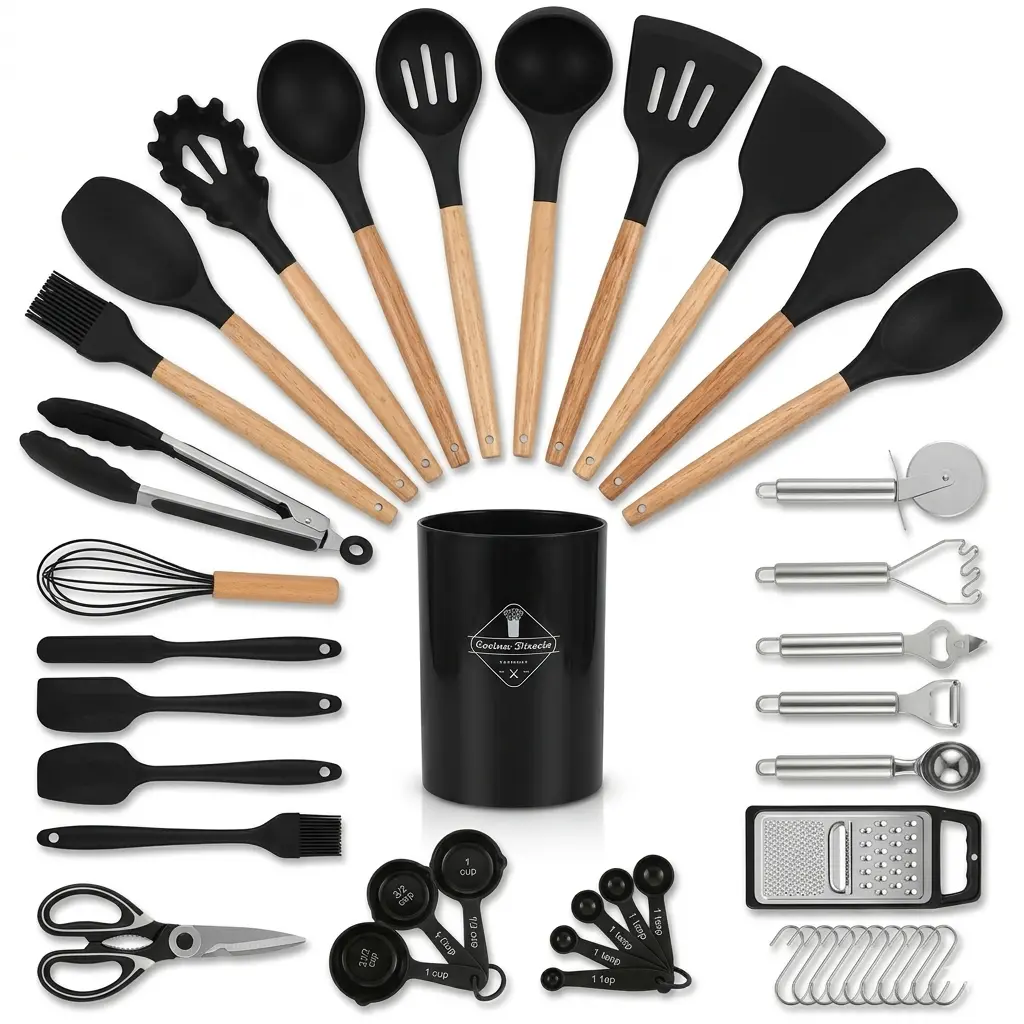 44pcs Aesthetic Professional Silicone Kitchen Utensils Set with Natural Wooden Handles - Non-Stick, Heat-Resistant Oven-Safe Tools gadget with Stainless Steel Scissors, Measuring Cups, Spoons, Grater & Holder - Girly Kitchen Accessories kitchenware