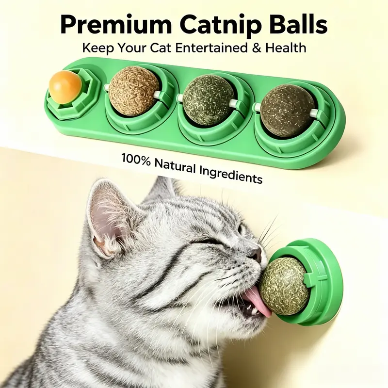 100% Natural Catnip Ball Cat Toy - 4-in-1 Rotatable Wall-Mount Chew Accessory, Plain Design, Teeth Cleaning, Calming Effects, 4 Different Flavors, Lick-Safe for Kittens & Adult Cats