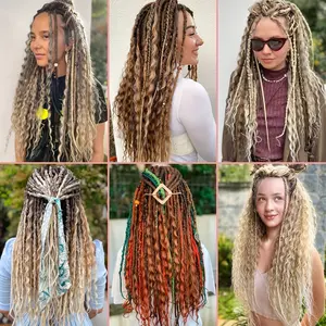 15Pcs Mixed Double Ended Dreadlock Extensions 24 Inch, Handmade Boho Hippie Style Straight & Curly Dreads Hair Extensions for Women