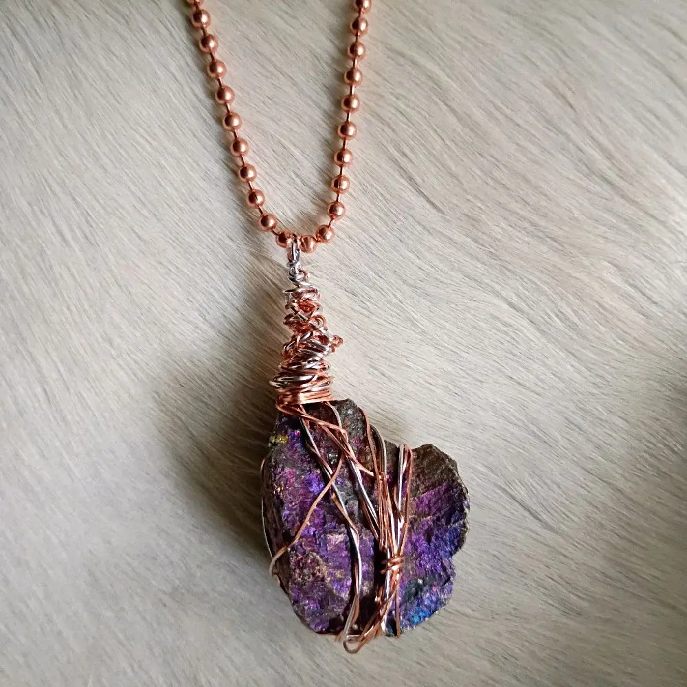 Chalcopyrite Natural Stone Copper Aluminum Wire Wrapped Pendant