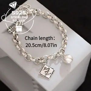 S925 Silver Women'S Bracelet - Cold & Retro Style with Text Square Design, 925 Sterling Silvery, 20.5cm/8.07in Chain Length, Perfect for Weddings & Gifts, Elegant Accessory, Wedding Jewelry, Vintage Jewelry, Durable Jewelry