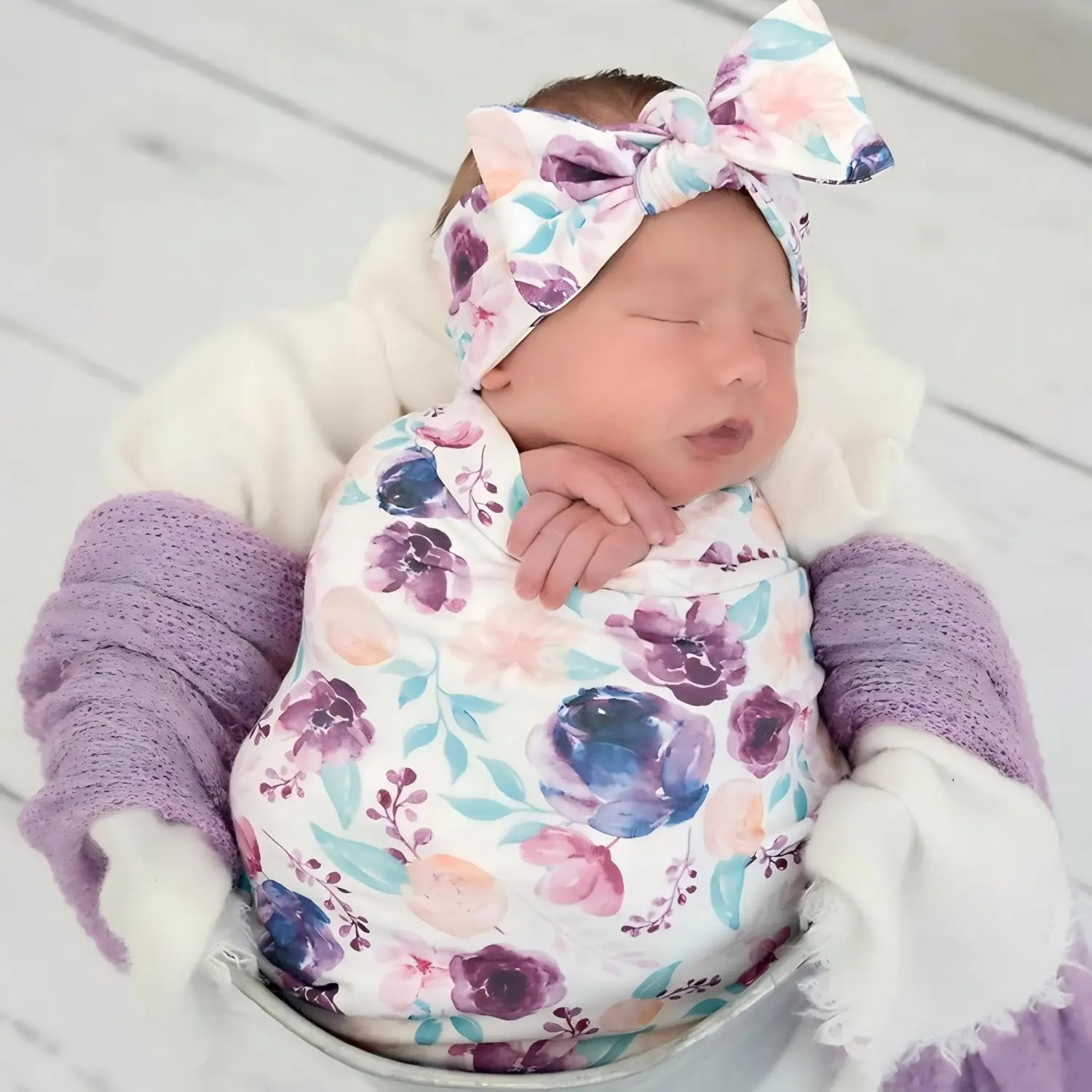 Girl 3-Piece Polyester Blend Swaddle Blanket Set - Purple Floral Print Receiving Wrap, Headband, Beanie, Sleep Sack, Baby Shower Gift, Blankets & Throws Photo Prop, Girl Baby Shower, Zipless Safe, Photo Props, 0 - 3 Months, 31.5*31.5 Inches, 6Lbs-13Lbs, 9