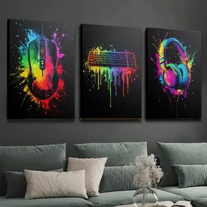 3 Pieces Optional Wooden Frame Colorful Pop Art Gamer Gamepad Game Wall Art Minimalist Artistic Print Canvas Painting Wall Poster For Bedroom Modern Home Decor Decoration Color Accurate Reproduction Hanging Painting Flat Anti-Wrinkle Art Canvas