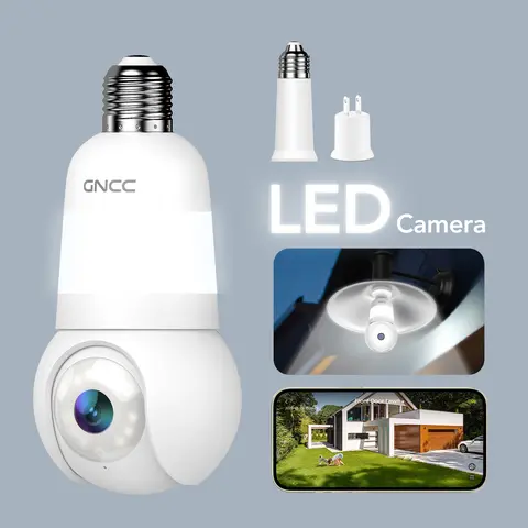 GNCC Light Bulb WiFi Monitoring Camera, 2K HDR 360 Pan-Tilt Security Cam with 24/7 Color & 10 IR + White LEDs Night Vision, 2.4G WiFi, Double Lighting, Motion Detection, 2-Way Audio, Alexa/Google Compatible, Bluetooth, Micro SD Support, Wall Mount