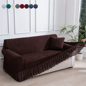 1PC Stretchable Sofa Cover with Fringe Skirt Pet Scratch Proof Easy Wash Solid Color Water Wave Jacquard Holiday Decoration Elastic Sofa Slipcover