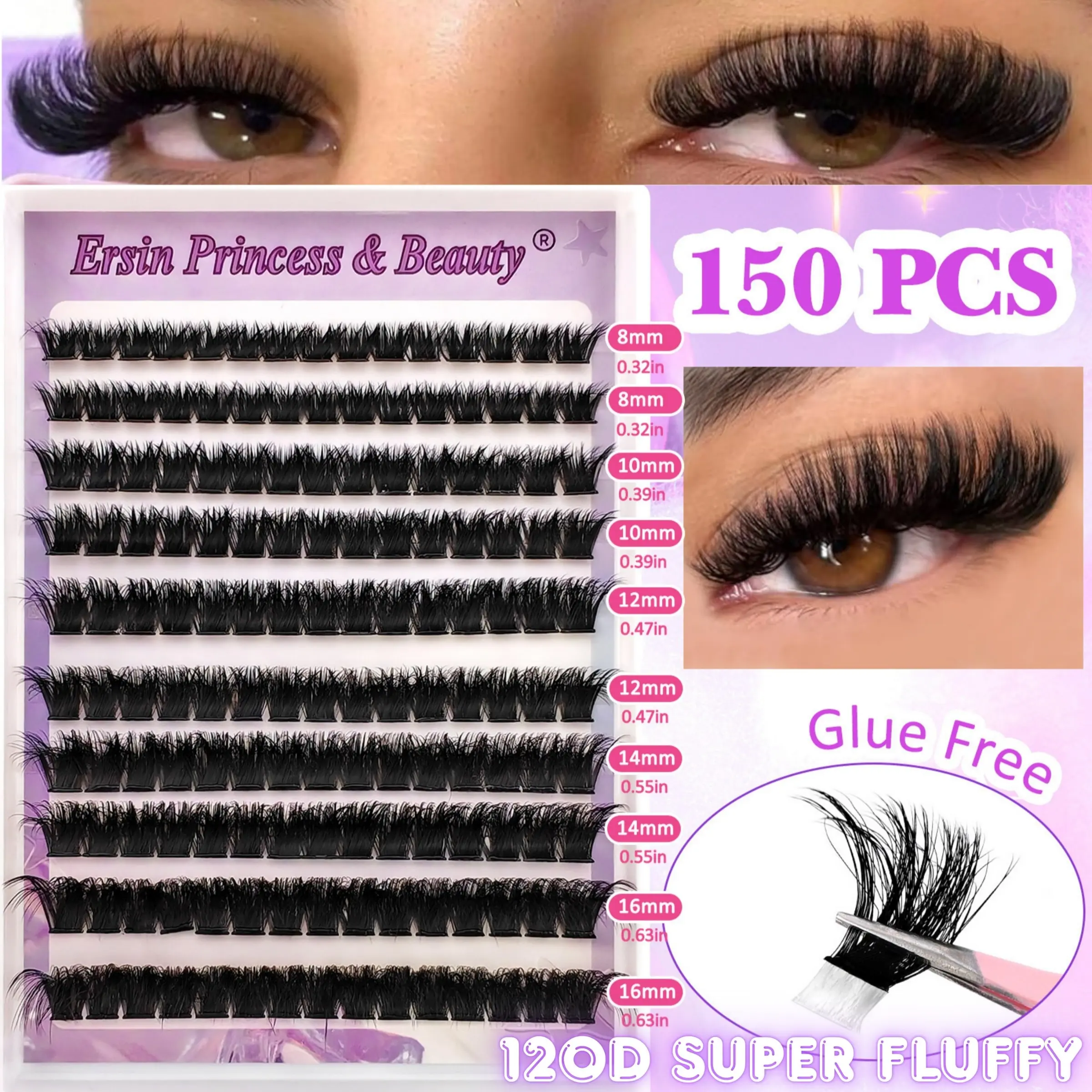 150 Pairs Self Adhesive False Eyelashes, Realistic Lashes, No Glue Needed, Dense, Fluffy Eyelashes Cluster, Curling, D-Curve, Mixed Lengths (8-16mm), DIY, Travel Friendly, Cosmetic Makeup