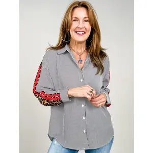 Striped Button Down Collared Top with Leopard Contrast