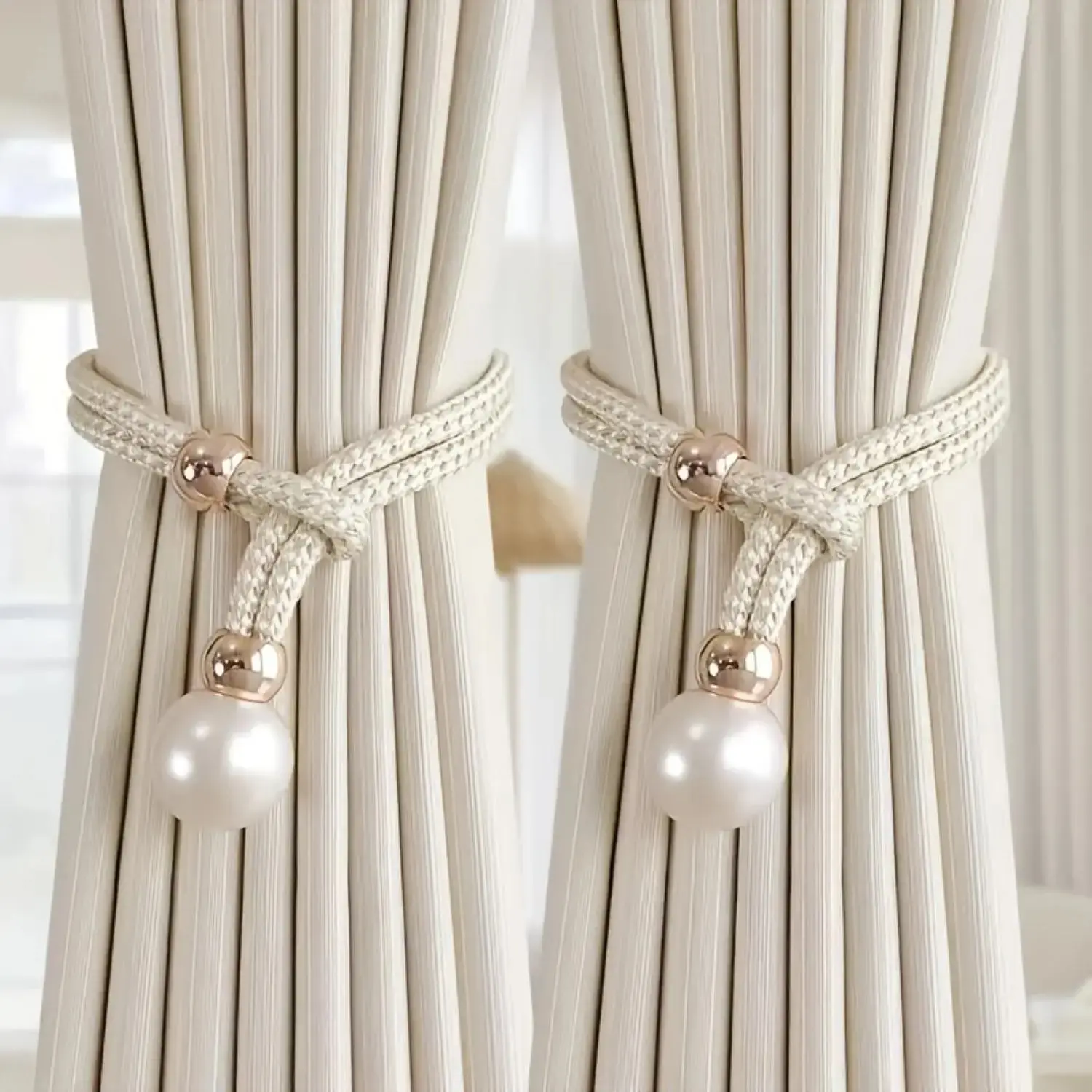Humwam 2-Pcs Adjustable Rope Curtain Tiebacks with Pearl Accents, Window Textile Holder for Home Soft Furnishing Accessories