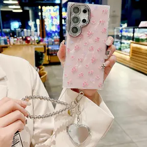 WWH Heart Make up Mirror Wrist Strap Case For Samsung S25 S26 Ultra Glitter Aurora Flower Cover For Samsung S24 Plus S23 Holder Case