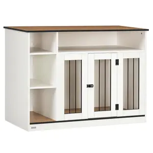 PawHut Dog Crate Furniture with Adjustable Shelf, Dog Kennel End Table, Indoor Pet Crate for Medium and Large Dogs, with Large Flat Surface, 47" x 23.5" x 35", Brown