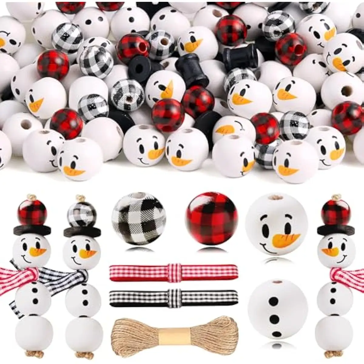 173 Pcs Christmas Snowman Wooden Beads Craft, Print Buffalo Plaid Wood Round Beads DIY Twine Scarf, Hanging Ornaments for Christmas Decoration, Xmas Craft, Holiday Art Activities (Red, Black)