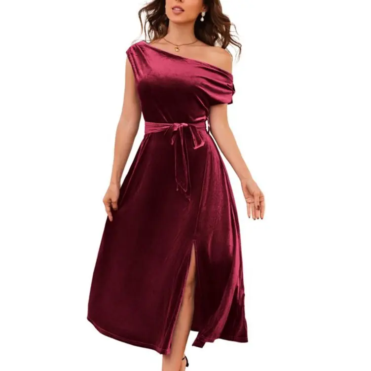 Grace Karin Women's Sleeveless One Shoulder Wrap Velvet Midi Dresses Cocktail Party Elegant Wedding Guest Dresses with Split
