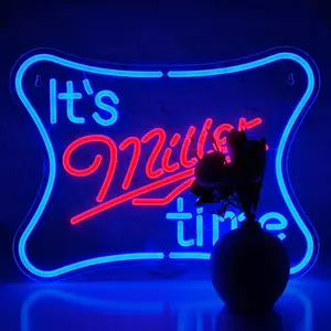 Miller Time Neon Sign - Handmade Dimmable Bright Colored Craftsman Custom-Shaped Dimmers Light Signs for Wall Decor, Beer Pub Bar Home Decor Gift, Man Caves, Bright Light Signs