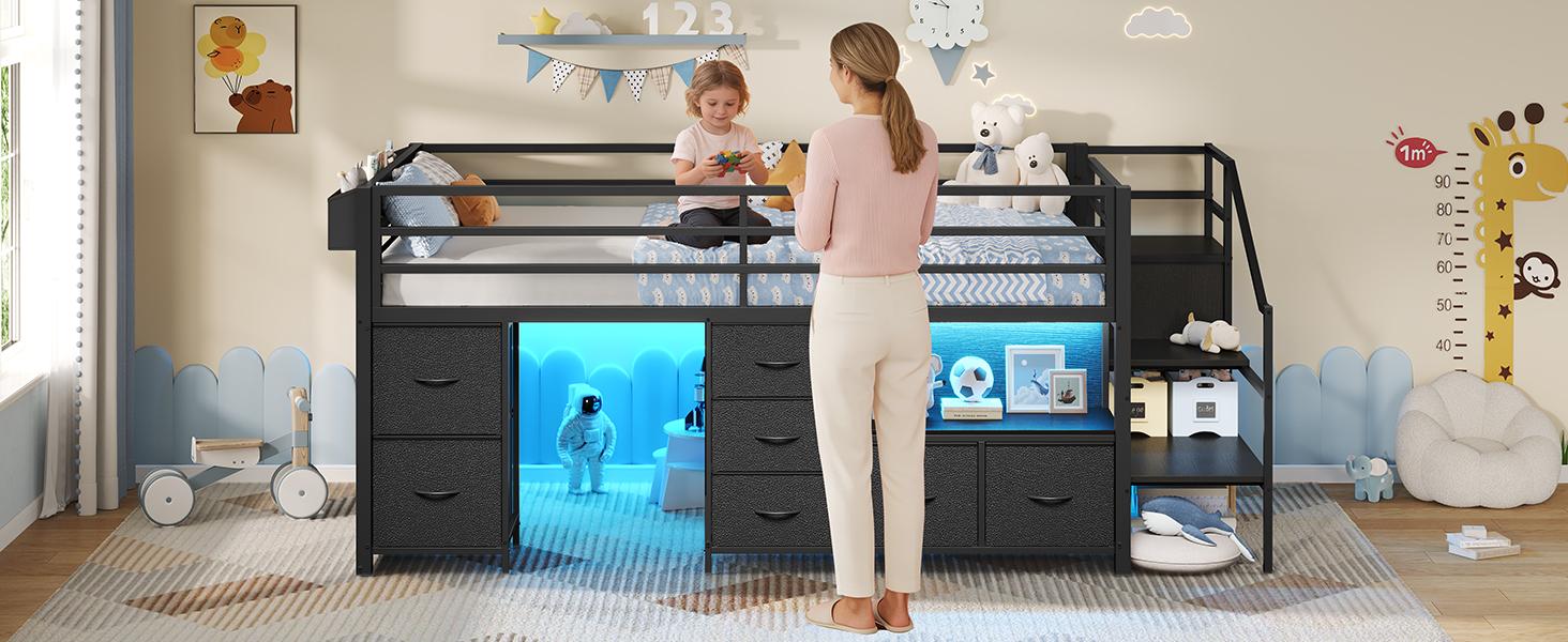 Sikaic Twin Low Loft Bed with Stairs, 7 Storage Drawers, Bookcase & LED Lights, Metal Loft Bed with 14" High Safety Guardrail, Inclined Ladder and Play Curtain, Under-Bed Play Space, Black, Home Furniture, Dorm Essentials [tiktokshopbacktoschool]