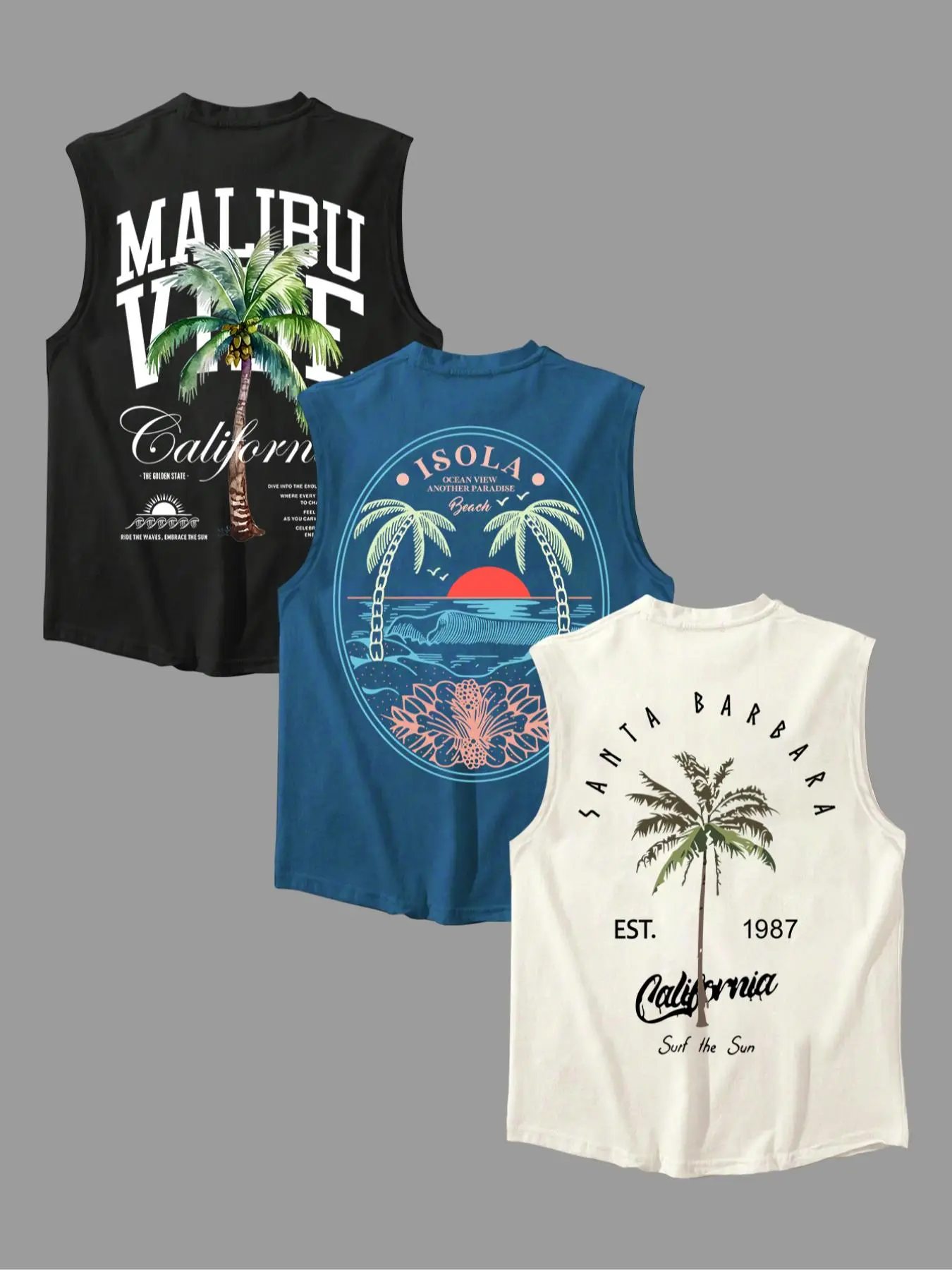 Men's Letter & Palm Tree Print Tropical Round-Neck Tank Top, Regular-Fit Casual Graphic Sleeveless Vest for Summer Daily Wear, Workouts and Casual Gym Vests