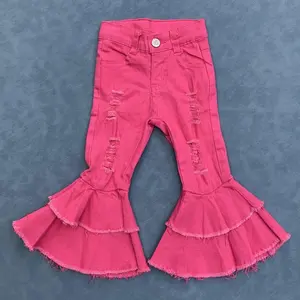 Hot pink distressed jeans bell bottoms girls denim pants
