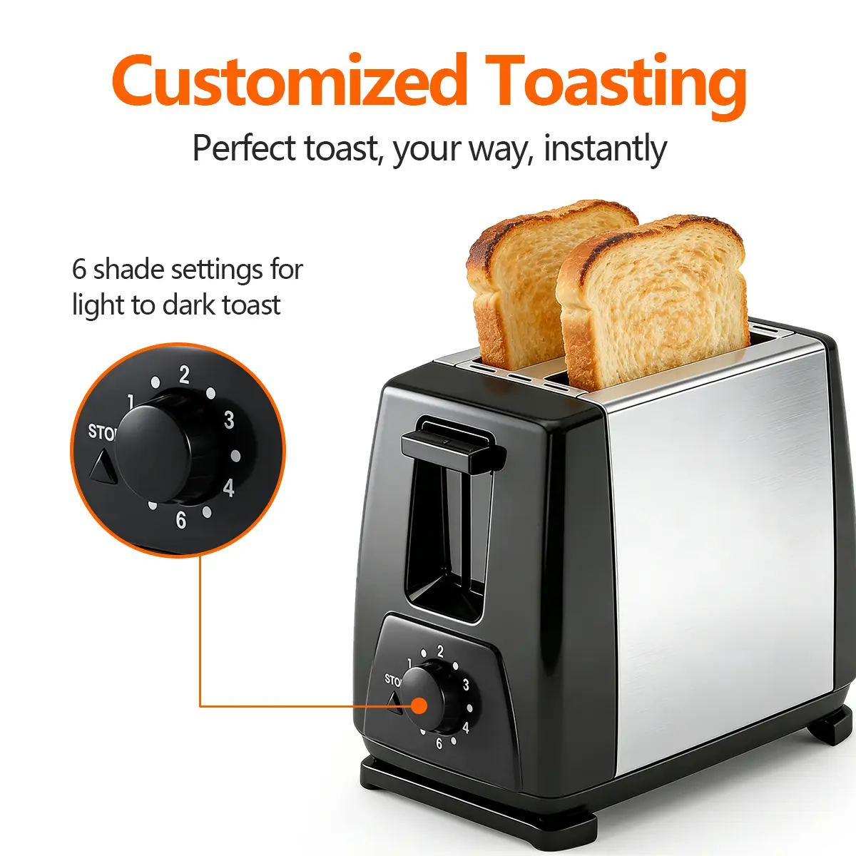 Stainless steel bread toaster with extra wide slots, fits bagels and thick toast, household breakfast toaster machine