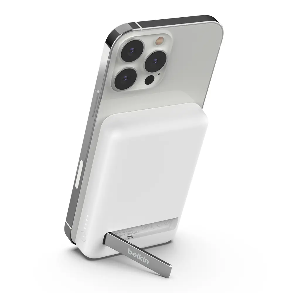 Belkin Wireless Power Bank 5K + Stand, Metal Folding Kickstand offers Hands-Free streaming & calls, StandBy Ready, 7.5W Charging, 19hrs, compact, light, for iPhone 15, 14, 13, 12, & AirPods Pro 2nd Gen, USB-C Cable incl. Black, White, Pink, Purple.