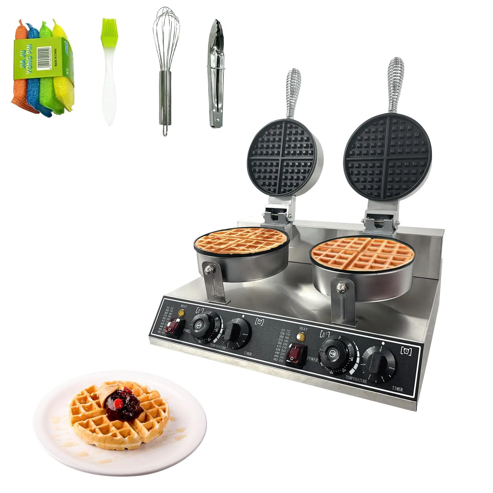 Double Head Commercial Waffle Maker, 2400W Stainless Steel Nonstick Waffle Iron with 122℉ to 572℉ Temp Range & Time Control, Perfect for Home Cafe Restaurant Snack Bar Bakeries