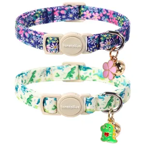 Lionet Paws 2 Pack Cute Breakaway Cat Collars, Adjustable Cotton Cat Necklace with Flower and Dinosaur Pendant for Girl Boy Cats
