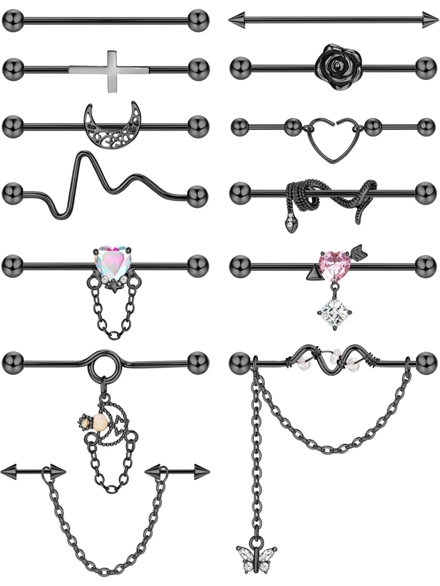 13 Pcs All-black Trendy Industrial Piercing Jewelry Set for Women Men Premium Stainless Steel Sturdy Copper Stable Texture for Long-lasting Use Practical Barbell Pieces Stylish Chain Accessories Vivid Snake Elegant Moon Shaped Decorative Studs