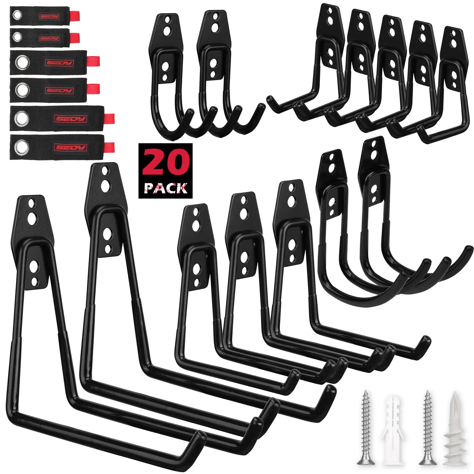 20 Pack Heavy Duty Garage Storage Hooks with Extension Cord Organizer, Solid Steel Wall Mount Hook Set with Anti-Slip Coating Utility J Hooks for Ladders,Bikes,Ropes,Broom,Garden,Yard and Power Tools