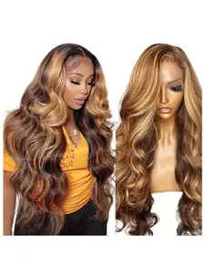 4/27 Honey Gold Ombré Lace Front Wig — Premium Blend of Human Hair & Heat-Resistant Synthetic Fibers | 13x4 Wavy Texture | HD Transparent Lace | 180% Density | Glueless & Pre-Styled Design | Natural, Realistic Look | Effortless to Wear