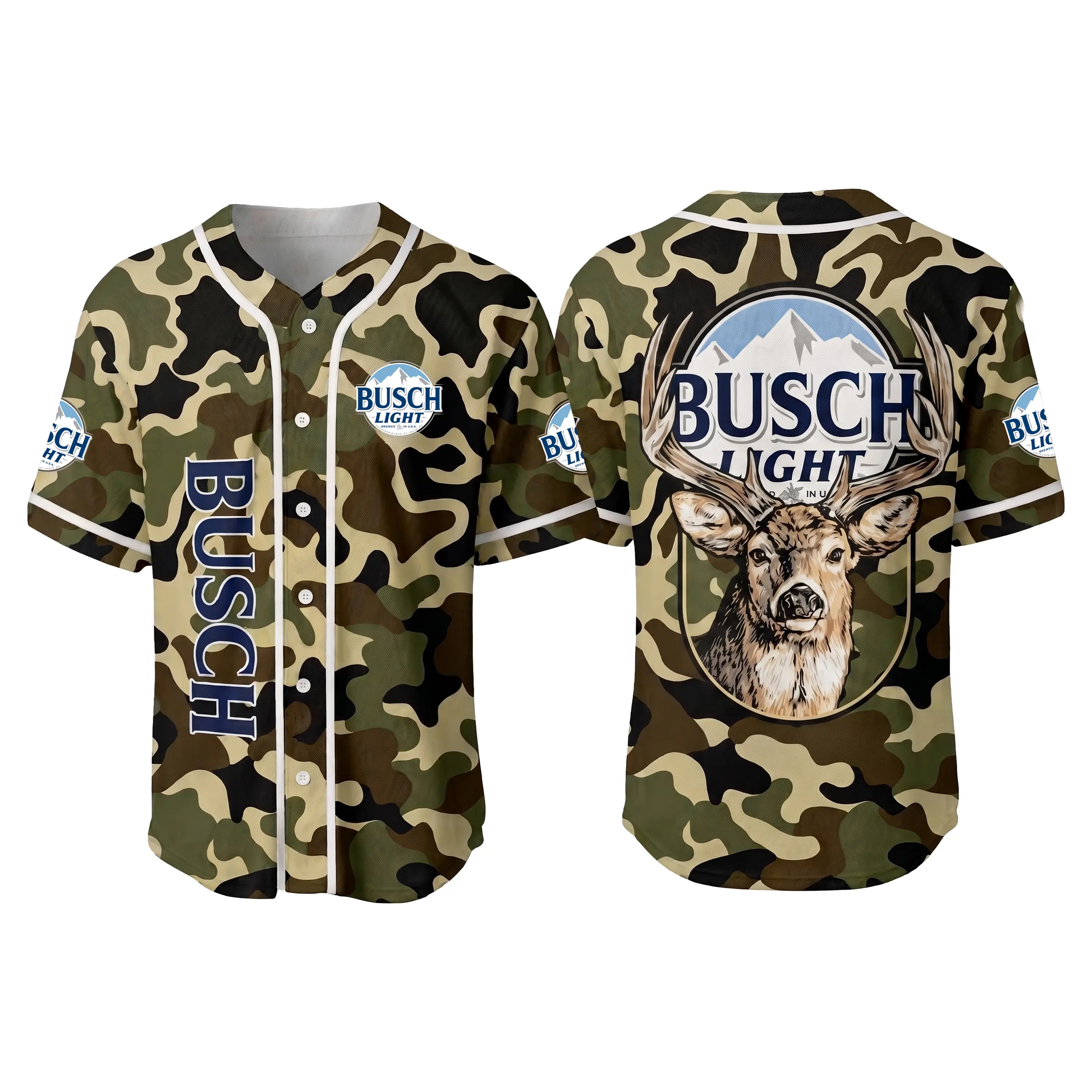 Men's Busch Light Camo Deer Sporty Sports Top - Hunting Buck Beer Button-Down Jersey - America 250 & 4th of July Shirt, Sporty Sports Tops