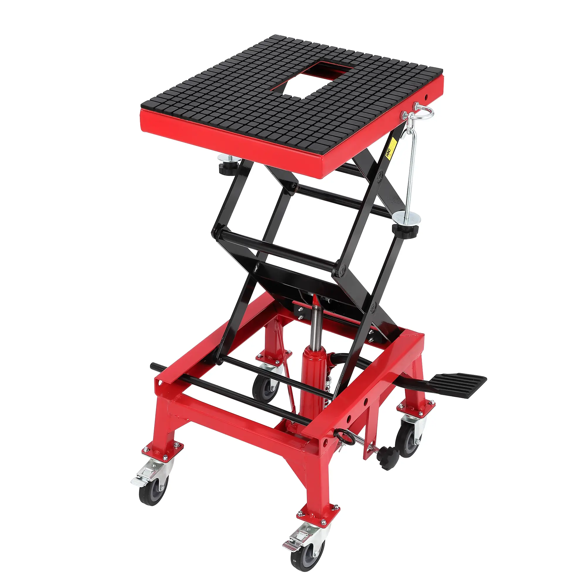 Hydraulic Motorcycle Lift Jack, 350 LBS Capacity 13.78-34.25" Lifting Height, Foot Operated Scissor Lift Table with Wide Deck & Locking Wheels for Motorcycle, ATV, Red/Blue