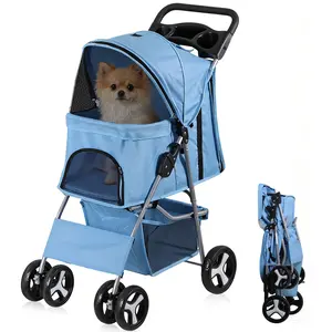 NOVA 4 Wheel Small Pet Dog Stroller Foldable Strolling Cart W/Storage Basket & Cup Holder, Blue