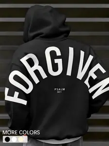 Neutral Christian Street Style Hoodie, Long Sleeve 'forgiven' Back Print with Psalm 32:1, Soft Casual Sweatshirt Tops for Church Youth Group and Daily Faith Expression