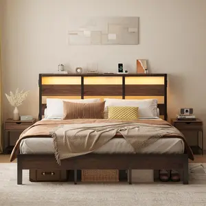 Pinmoco Bed Frame with Storage Headboard and Charging Station, Walnut Platform Bed Frame with LED Light, Non-Slip Metal Bed Frame, Noise-Free, Easy Assembly