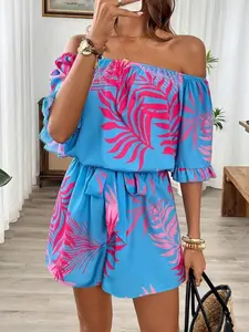 Summer Women's Romper, Tropical Hawaiian Style Print Sleeveless Waist Cinched Ruffled Shoulder Strap Design, Lightweight Breathable Fabric, Perfect for Warm Weather, Chic