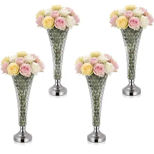 VEVOR 4 PCS Crystal Wedding Flower Vase, 20 in Tall Flower Table Centerpieces, Crystal Cylinder Banquet Vases Easy Installation, Versatile Arrangement Stand for Party Events Room Home Decor, Silver