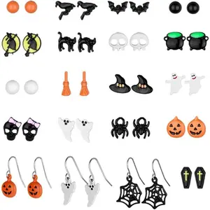 20 Pairs Halloween Stud Earrings Sets Pumpkin Spider Bat Black  Ghost  Candy Spooky Fall Skull Drop Earring Set   for Women