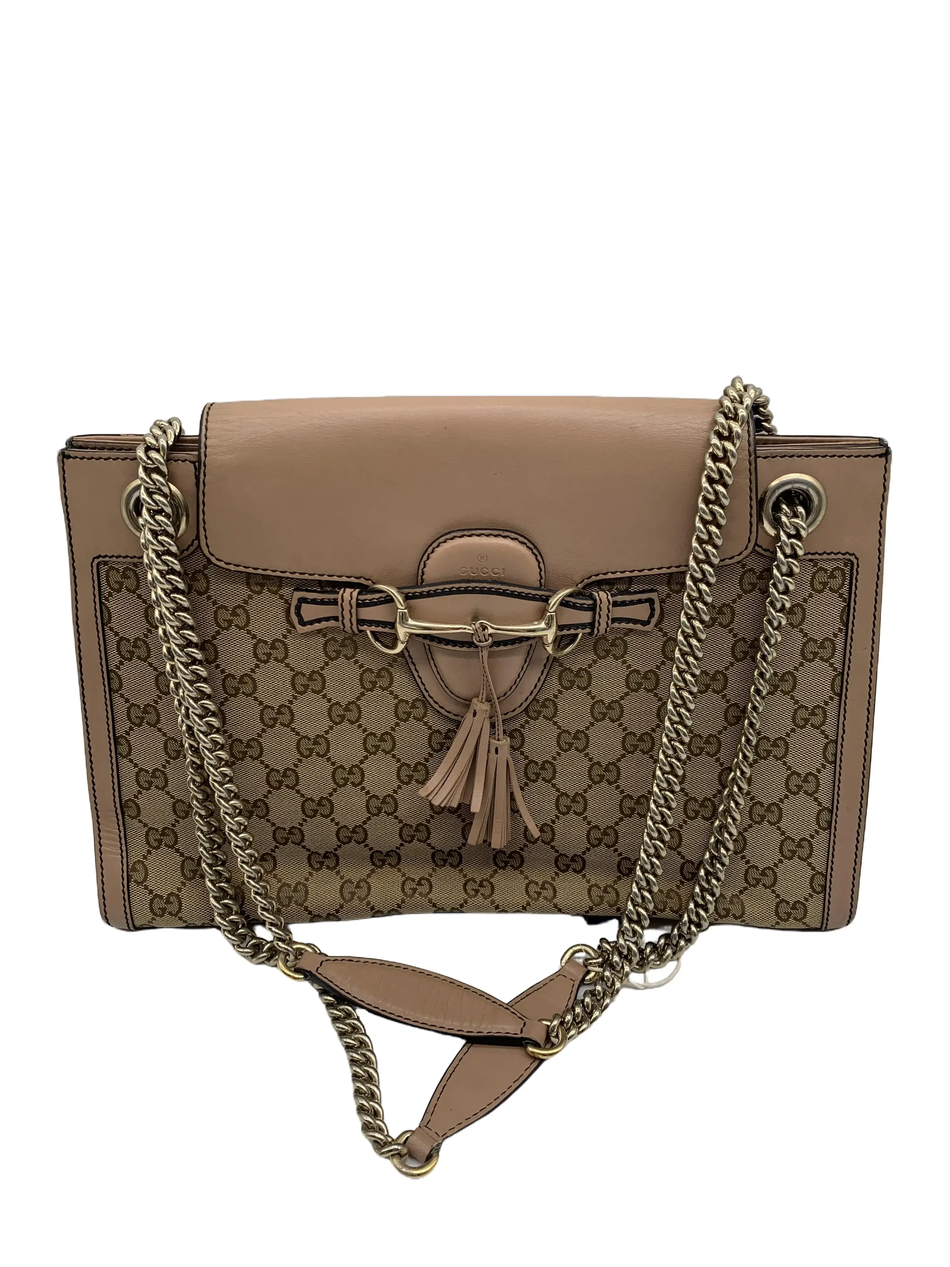 Pre-owned GUCCI GG Monogram Leather‑Trim Horsebit Tassel Chain Shoulder Bag/wj08105273/5273