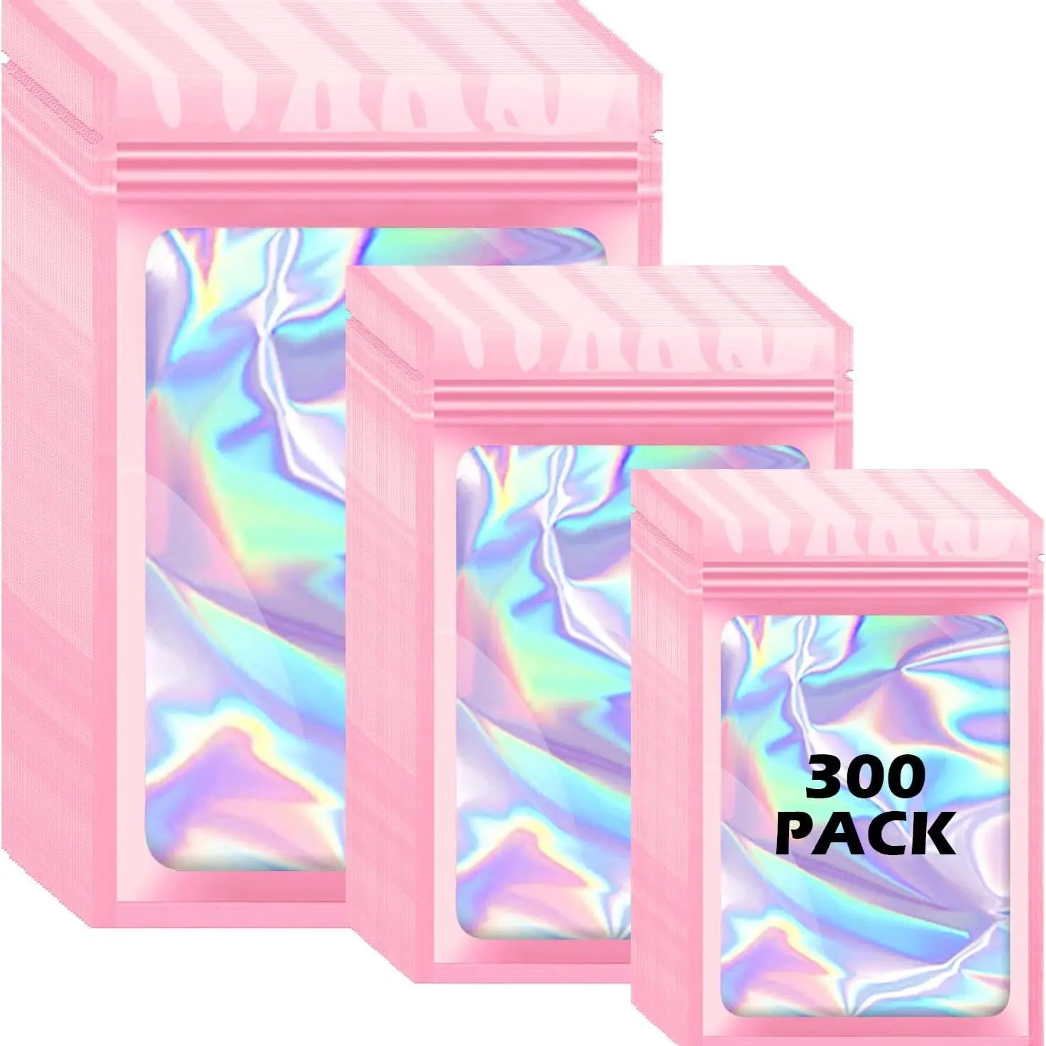 300 Pcs 3-Size Reflective Pink Holographic Mylar Self-Seal Snack Storage Bags - Durable Plastic Organizers, Sealed Pack, Smell-Proof Zipper Pouches with Window Foil & Compartments (4.7x7.9in), Plastic Storage Organizer for Home & Small Business