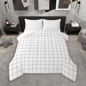 White Plaid Comforter Set Buffalo Grid Checkered Bedding Set for Kids Boys Girls White Lines Duvet Quilt Bedroom Decor Microfiber