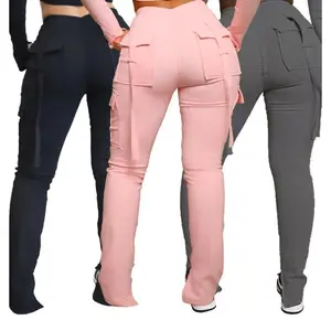 Cargo Pant Women Long Pants Sexy Slim Fit Casual Drawstring Splice Button Pocket Straight Trousers Lace Up High Elastic Waist