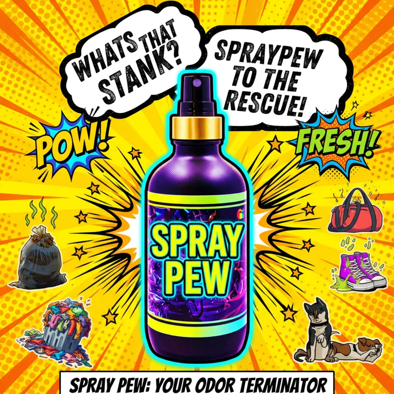 SprayPew 4 oz All-Purpose Deodorizer Odor Eliminator with Enzyme Complex, Skincare-Grade Proteins & Odor Eliminator Technology for Gym Bags, Cars, Pets
