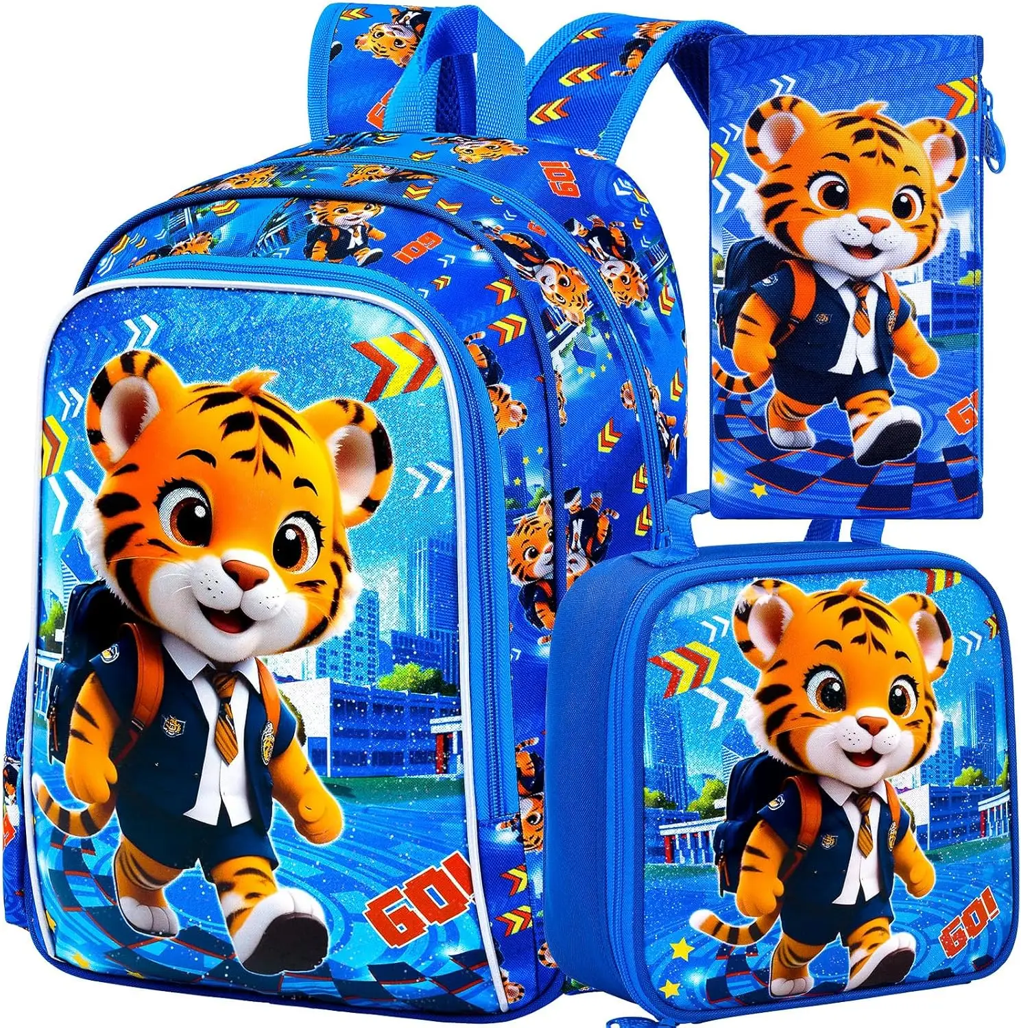 3PCS Backpack for Boys, 16'' Kids Tiger Preschool Backpacks with Lunch Box, Cool Animal Water Resistant School Bookbag Set for Elementary Kindergarten