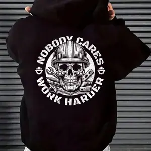 Men's Cotton Fabric Pullover Hoodie Sweatshirt - Unisex Classic Casual Traditional "Nobody Cares Work Harder" Skull Blue Collar Motivation Clothes for Construction Workers