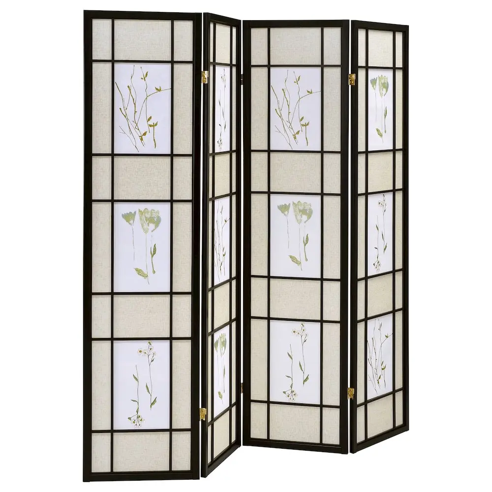 Catabella 4-Panel Foldable Shoji Screen, Artsy Floral Indoor Room Divider with Pull-to-Close Function, Four Panels